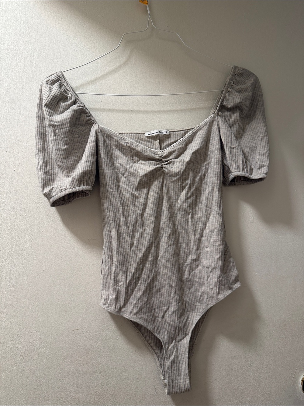 Reformation Puff Sleeve Ribbed Bodysuit - Light Gray NEVER WORN